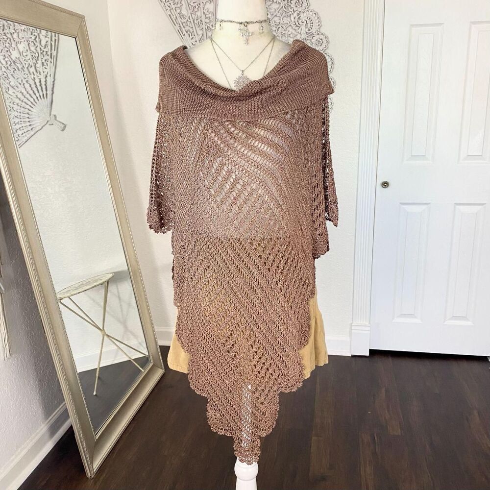 Bette Sung Whimsygoth Boho Shawl Asymmetric Crochet Knit Poncho Tan Brown OS